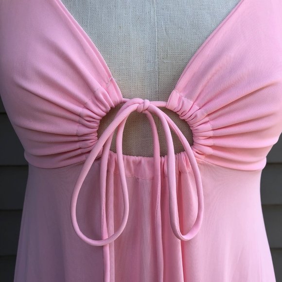 Vintage 70s Key Hole Tie Front Empire Waist Barbiecore Pink Maxi Nightgown Dress - Picture 10 of 15